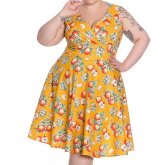 Plus Size Yellow Floral Fruit Fit-and-Flare Dress - Picture 1 of 8